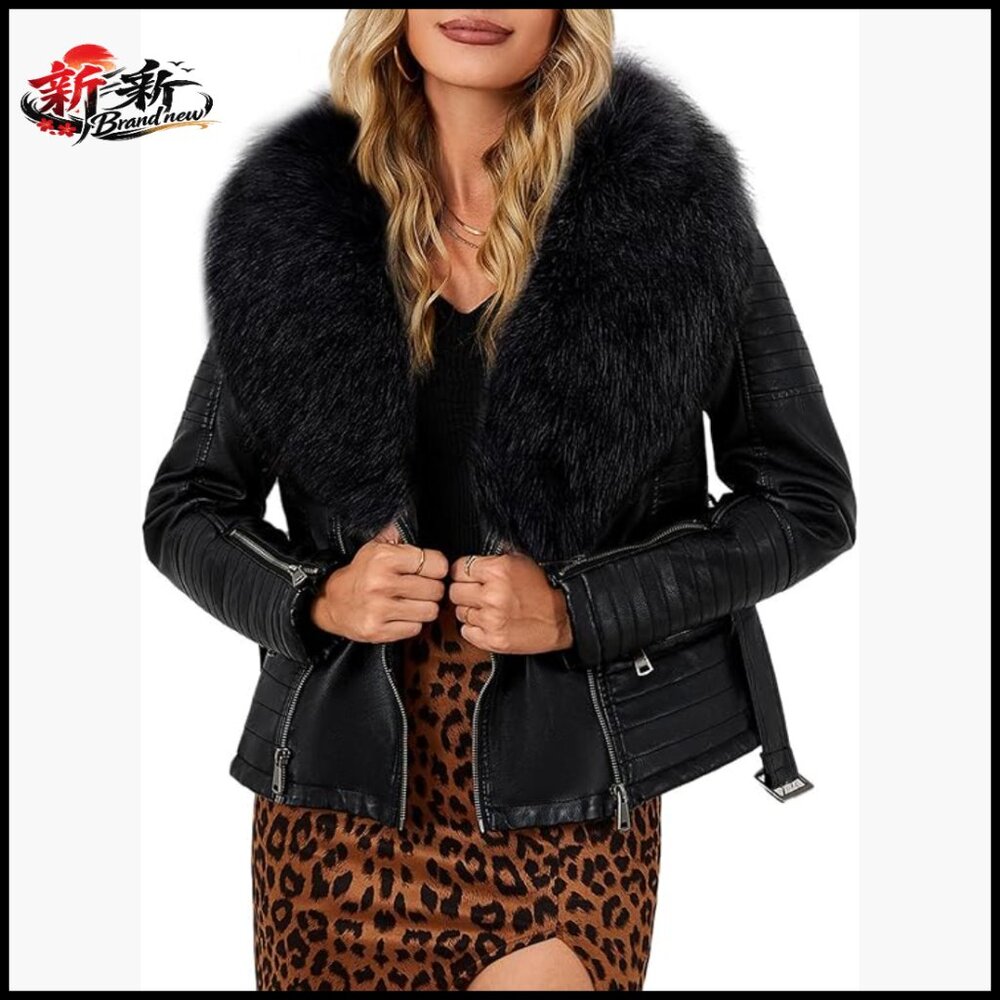 Faux Leather Moto Jacket with Removable Fur Collar Sherpa Lined